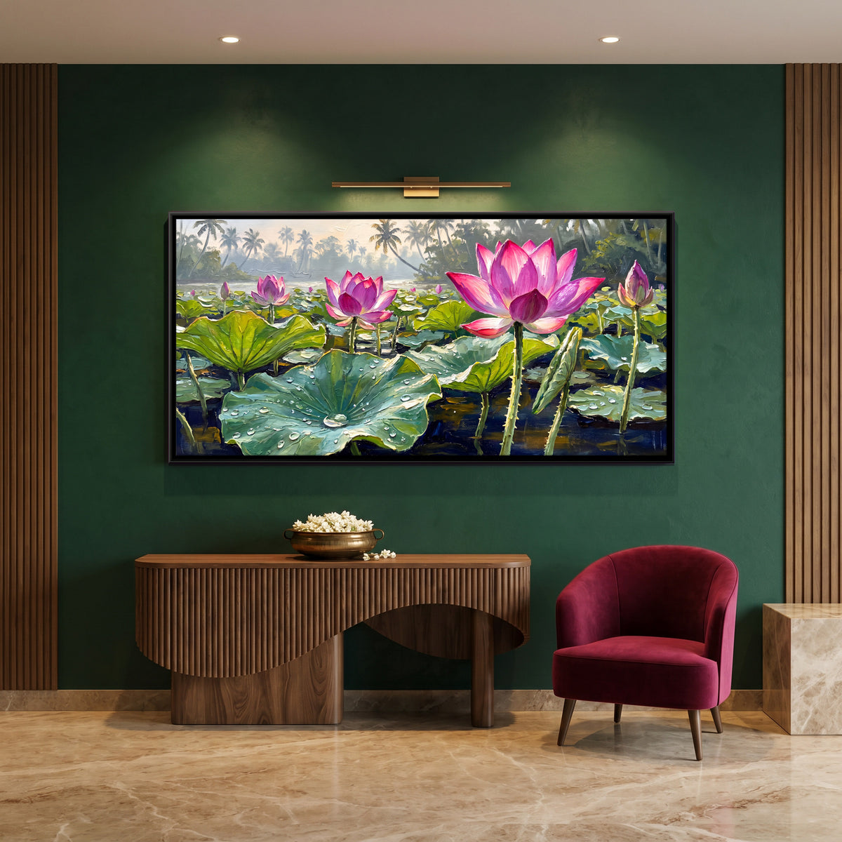Lotus Pond in Bloom - canvas art shown in a styled room