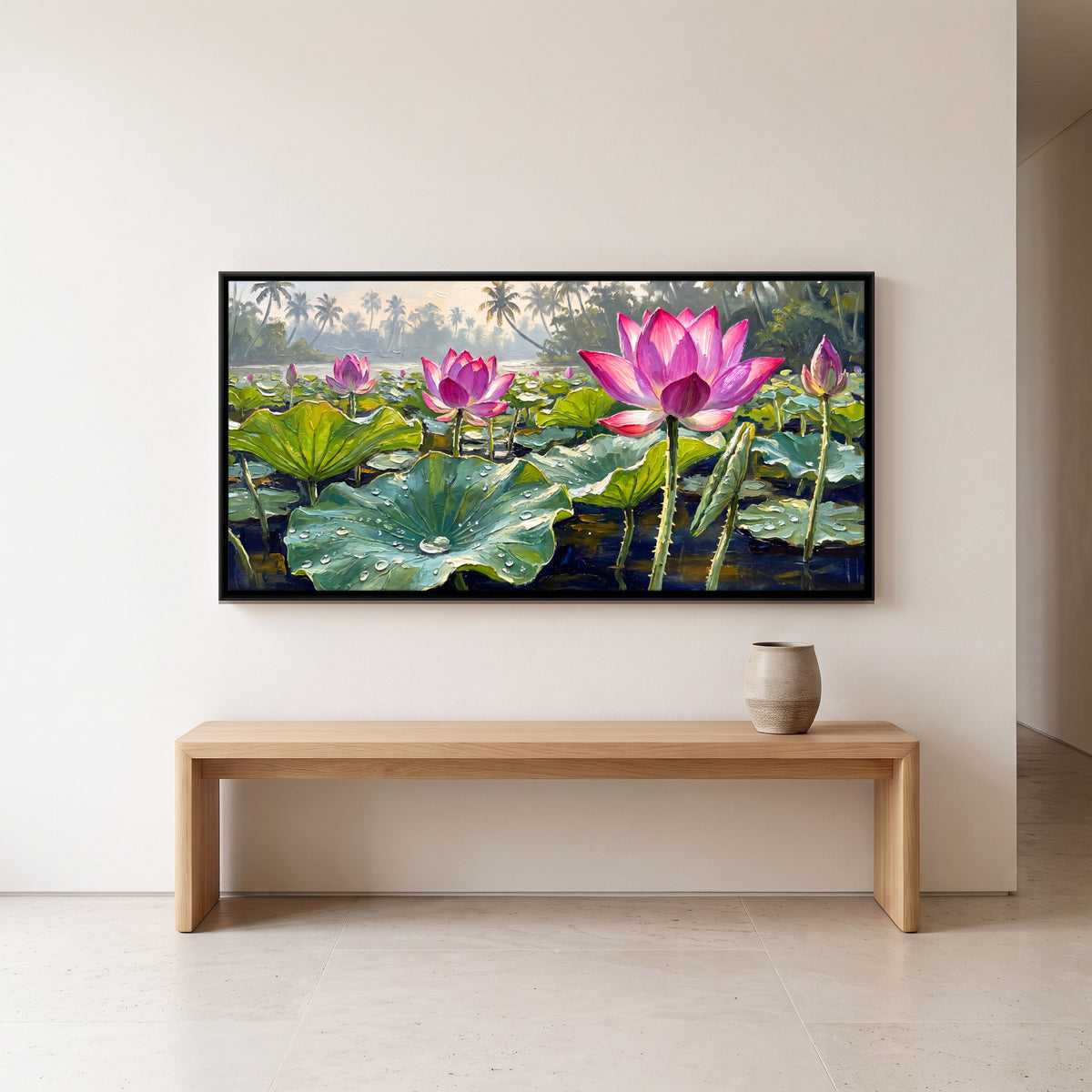 Lotus Pond in Bloom - canvas art shown in a second room setting