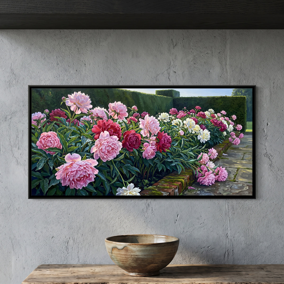 Peonies Along a Garden Path - framed canvas art hung on a wall
