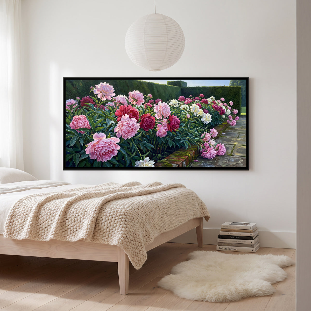 Peonies Along a Garden Path - canvas art shown in a second room setting