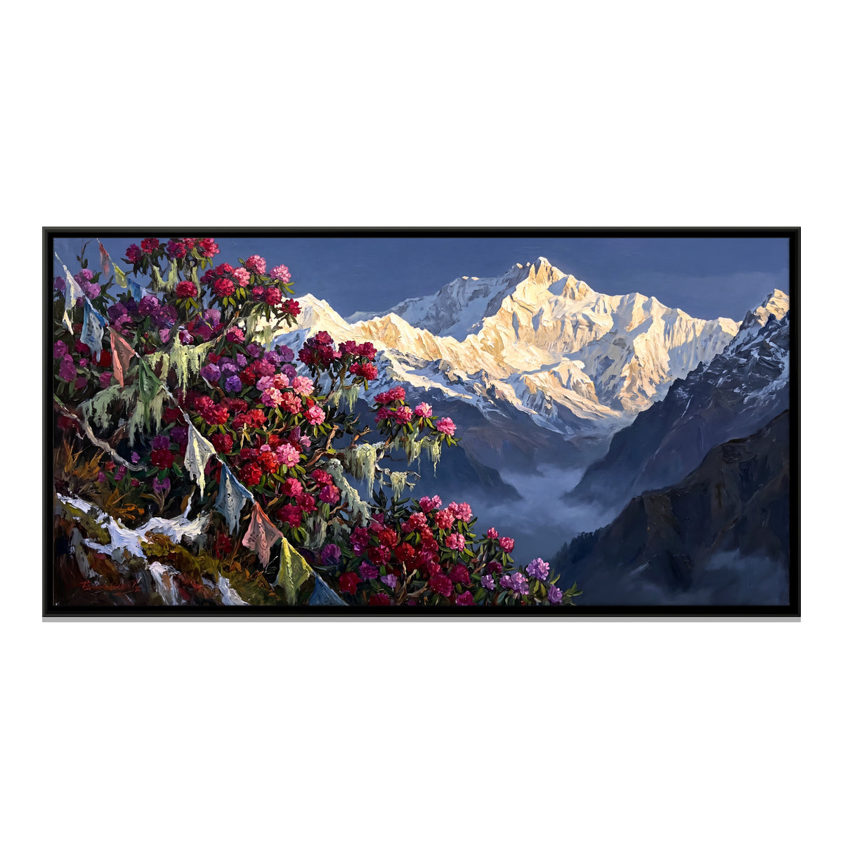 Rhododendrons Below a Himalayan Peak - framed canvas print, front view