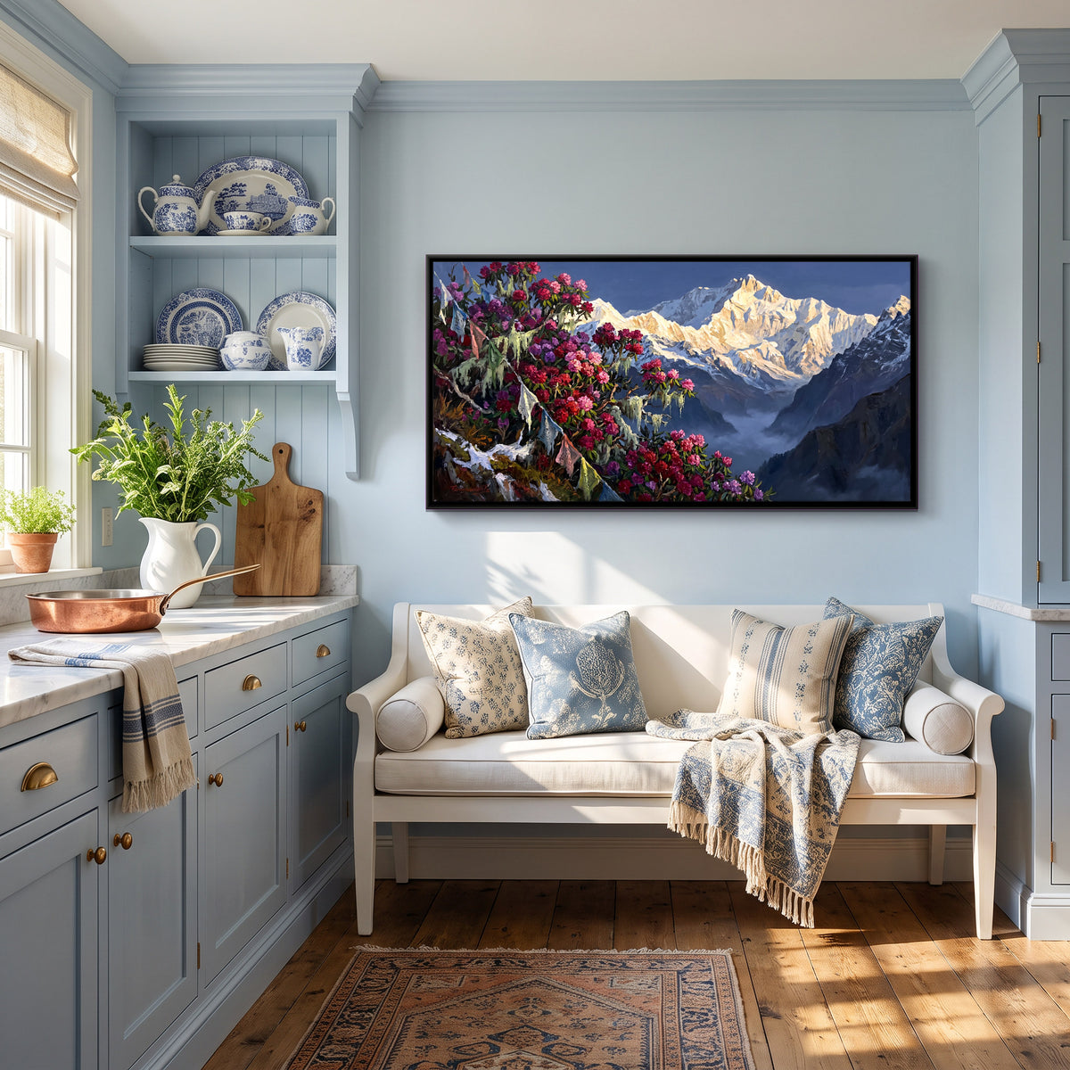 Rhododendrons Below a Himalayan Peak - canvas art shown in a second room setting