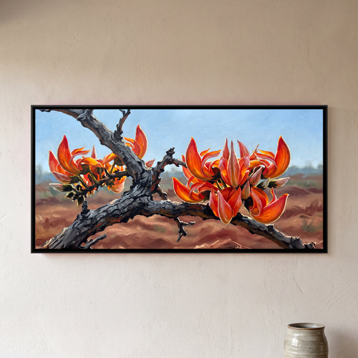 Flame of the Forest in Bloom - framed canvas art hung on a wall