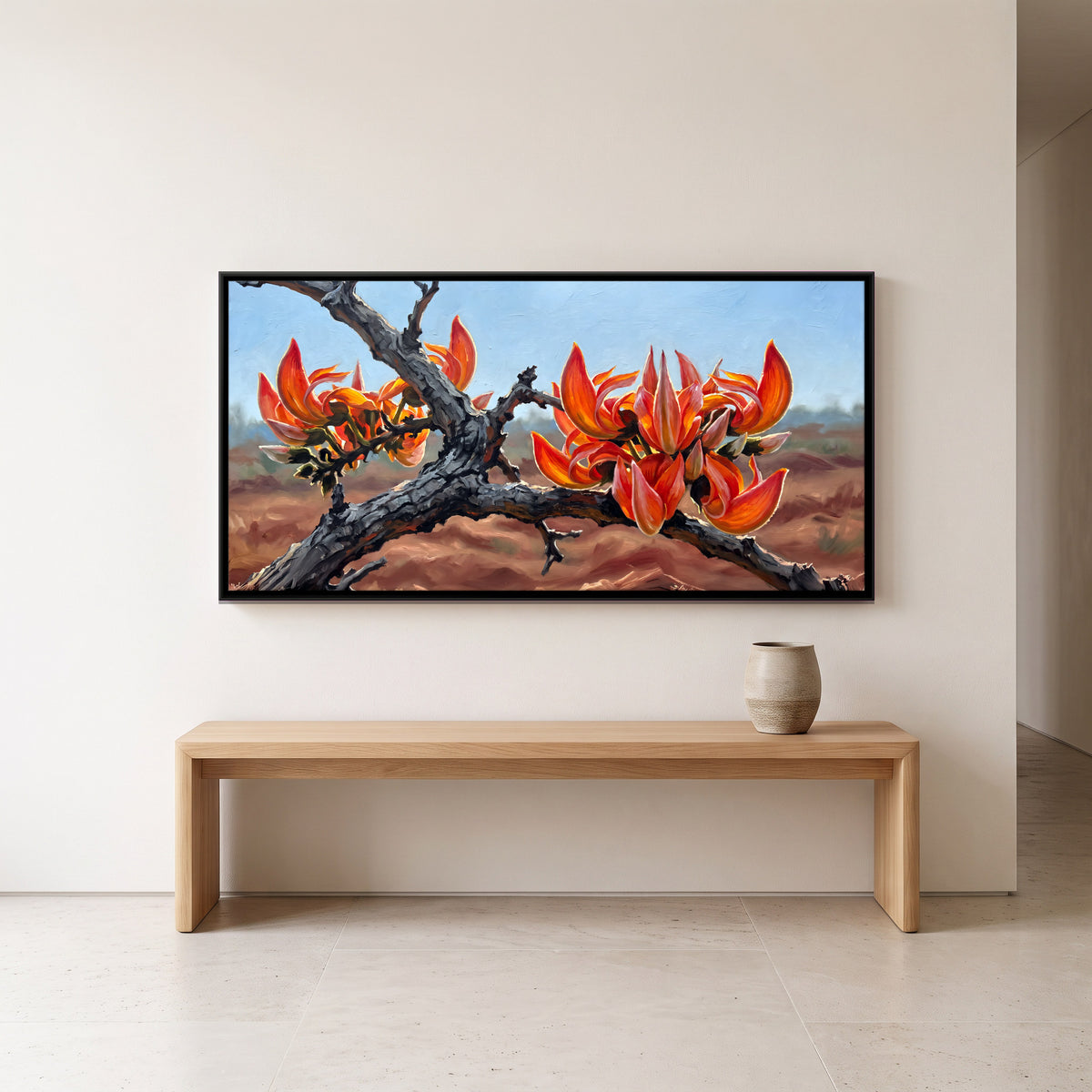 Flame of the Forest in Bloom - canvas art shown in a styled room