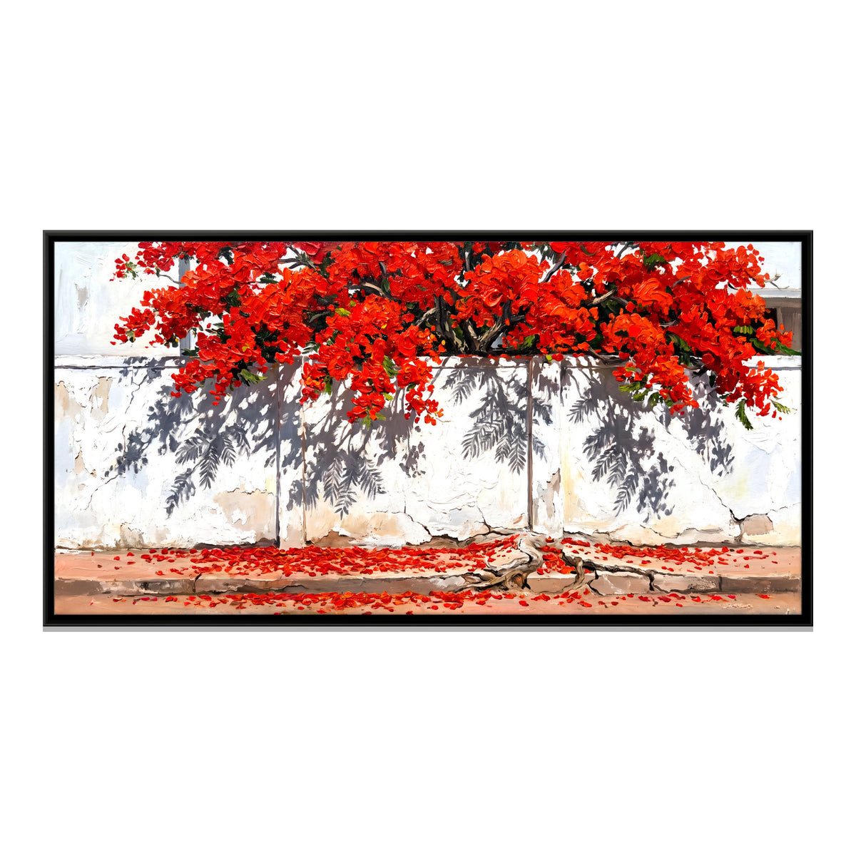 Gulmohar Tree Over a White Wall - framed canvas print, front view