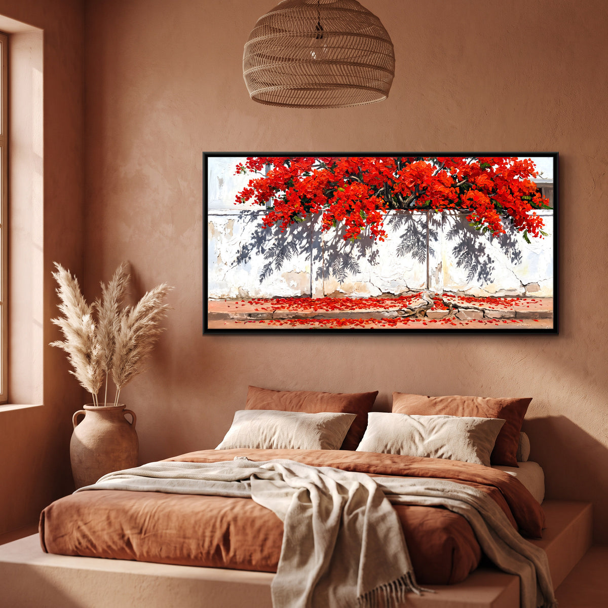 Gulmohar Tree Over a White Wall - canvas art shown in a styled room