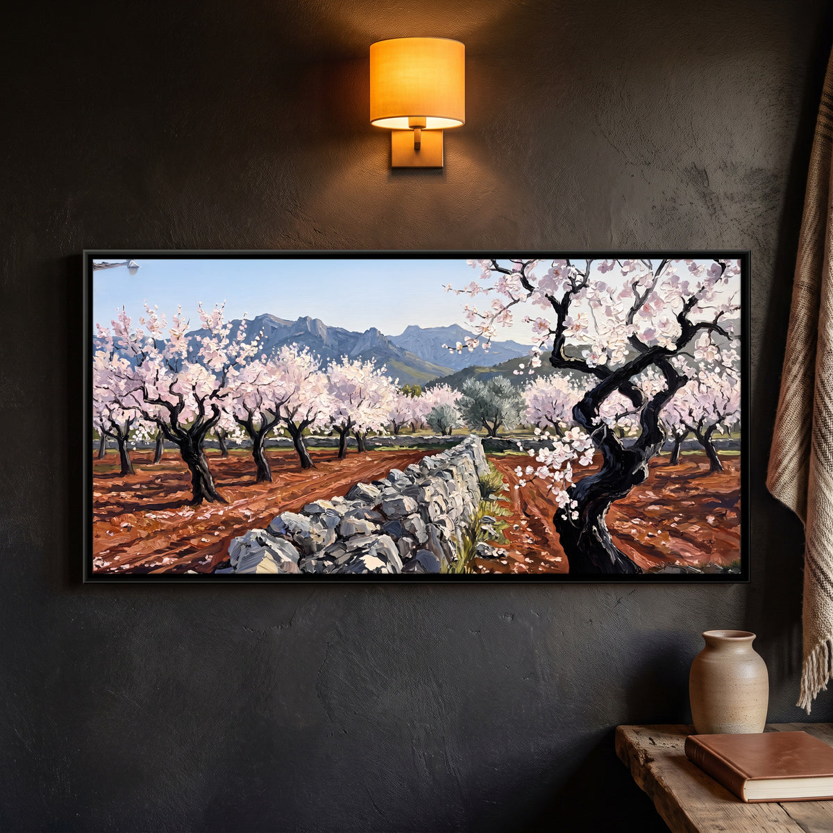 Almond Orchard in Blossom - framed canvas art hung on a wall