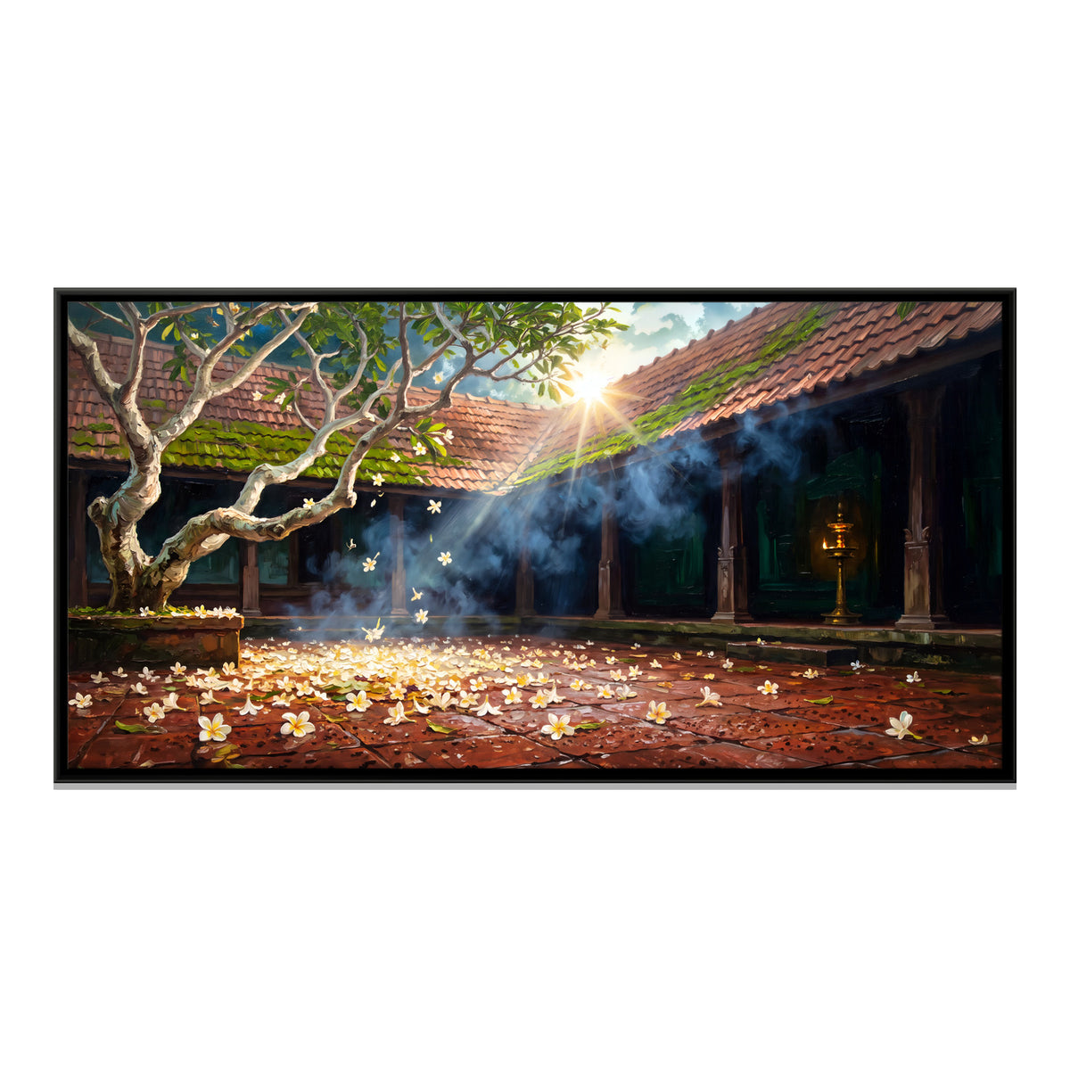 Frangipani Tree in a Courtyard - framed canvas print, front view