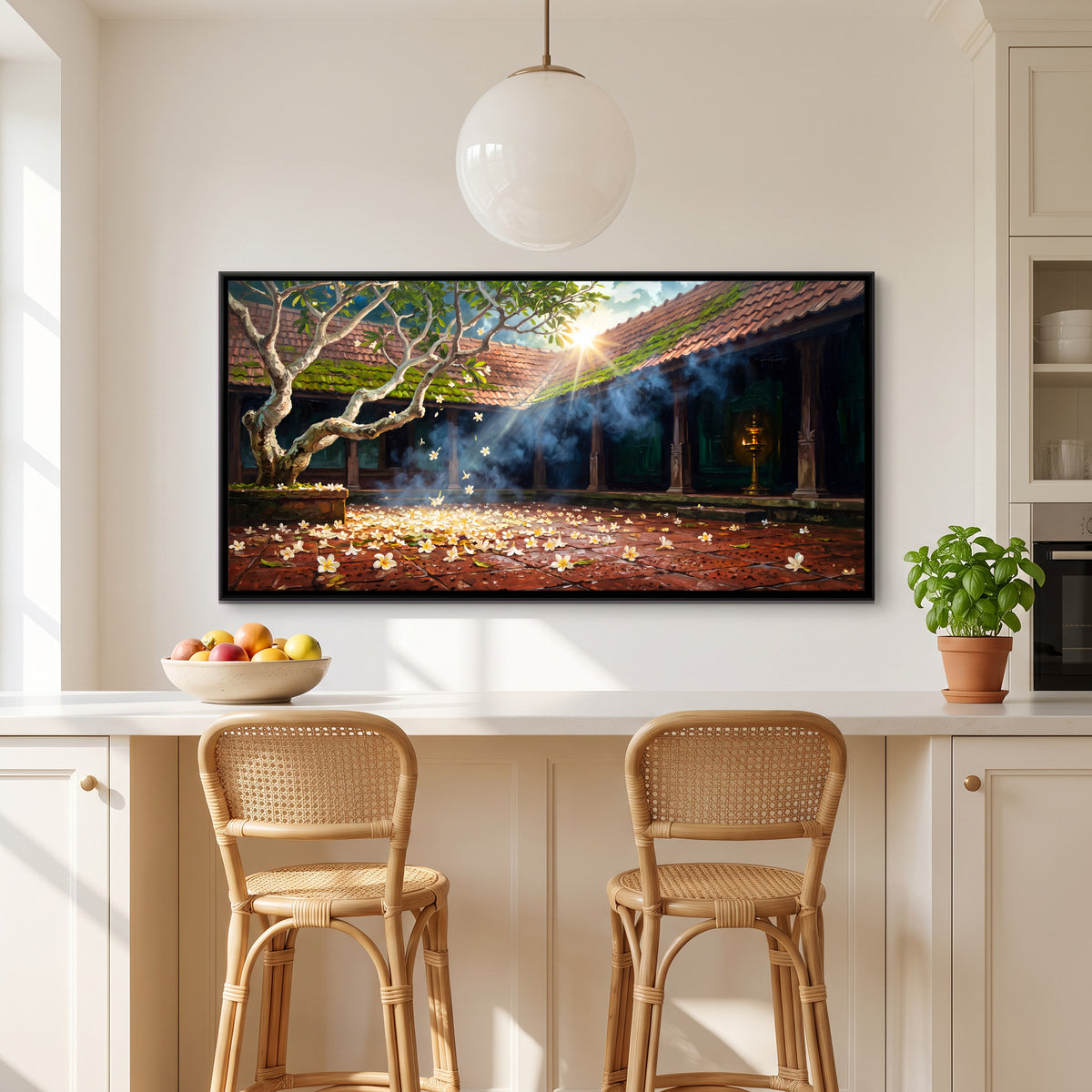 Frangipani Tree in a Courtyard - canvas art shown in a styled room