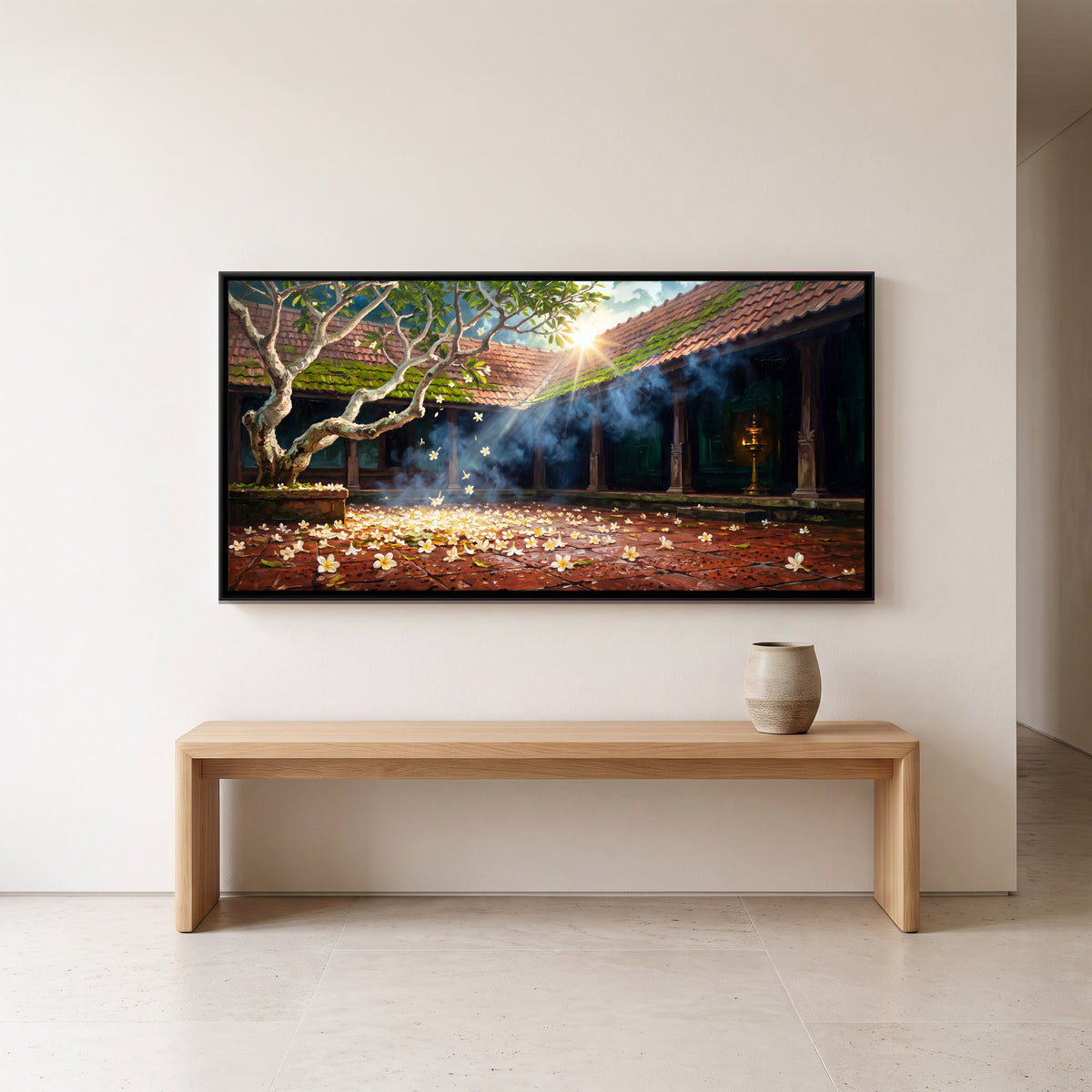 Frangipani Tree in a Courtyard - canvas art shown in a second room setting