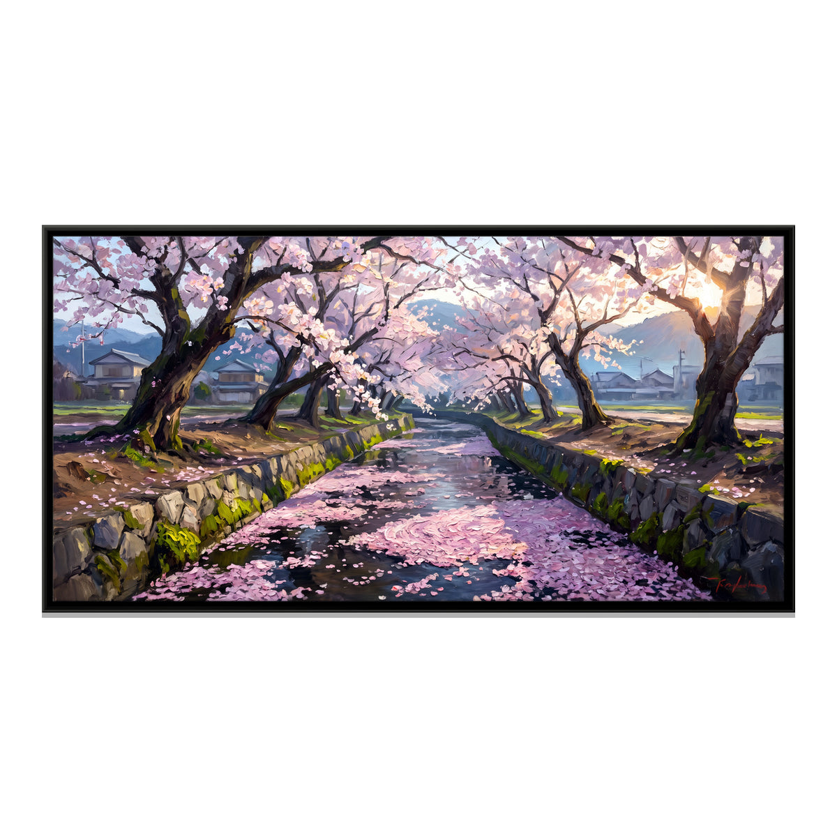 Cherry Blossoms Along a Canal - framed canvas print, front view