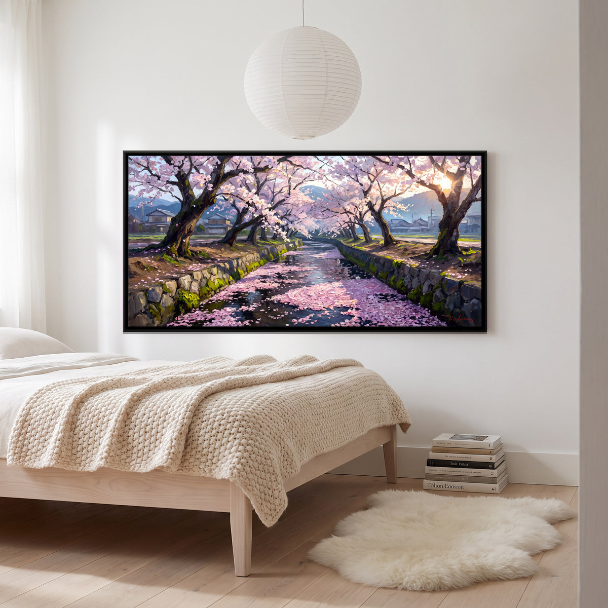 Cherry Blossoms Along a Canal - canvas art shown in a second room setting
