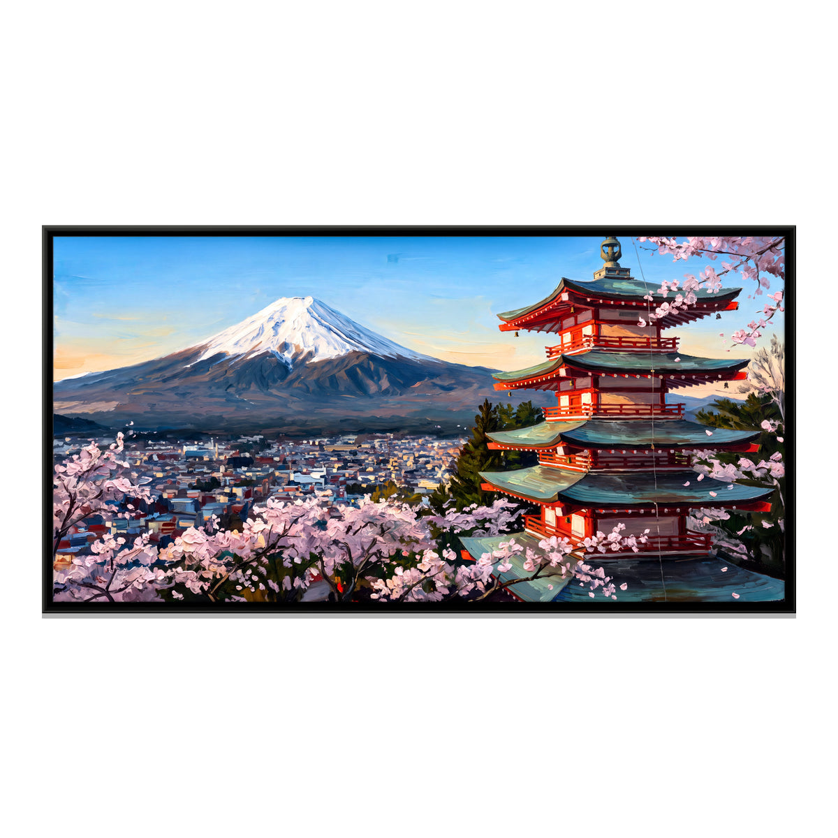 Mount Fuji with Pagoda and Cherry Blossom - framed canvas print, front view