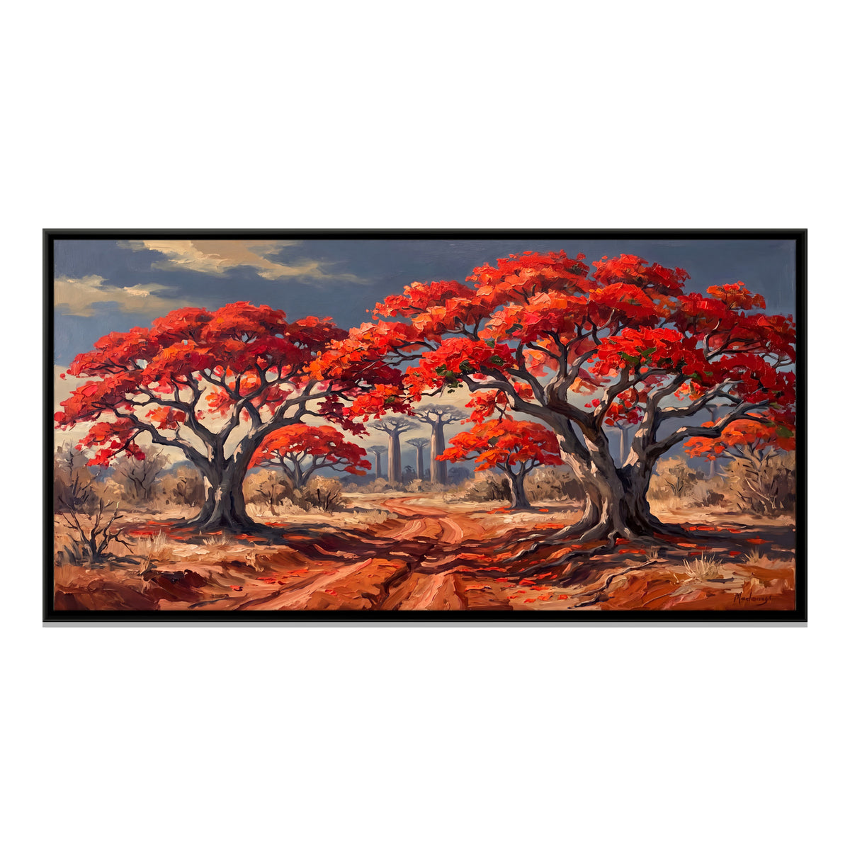 Flame Trees on Red Earth - framed canvas print, front view