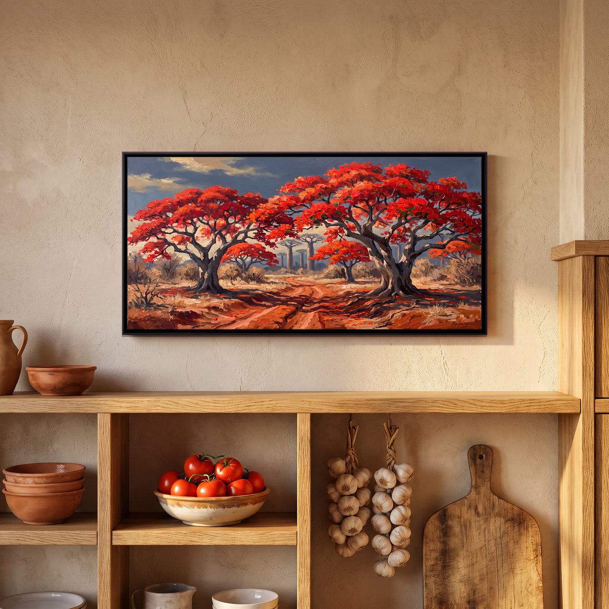 Flame Trees on Red Earth - canvas art shown in a styled room