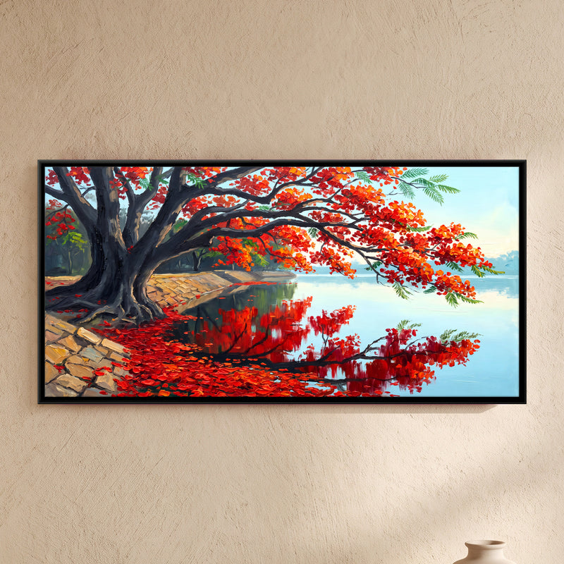 Gulmohar Tree by the Water - framed canvas art hung on a wall