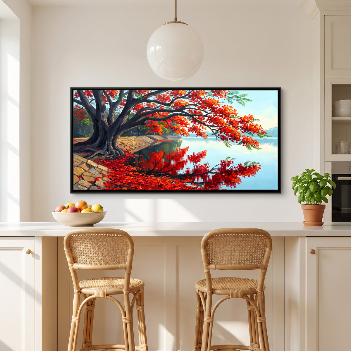 Gulmohar Tree by the Water - canvas art shown in a styled room