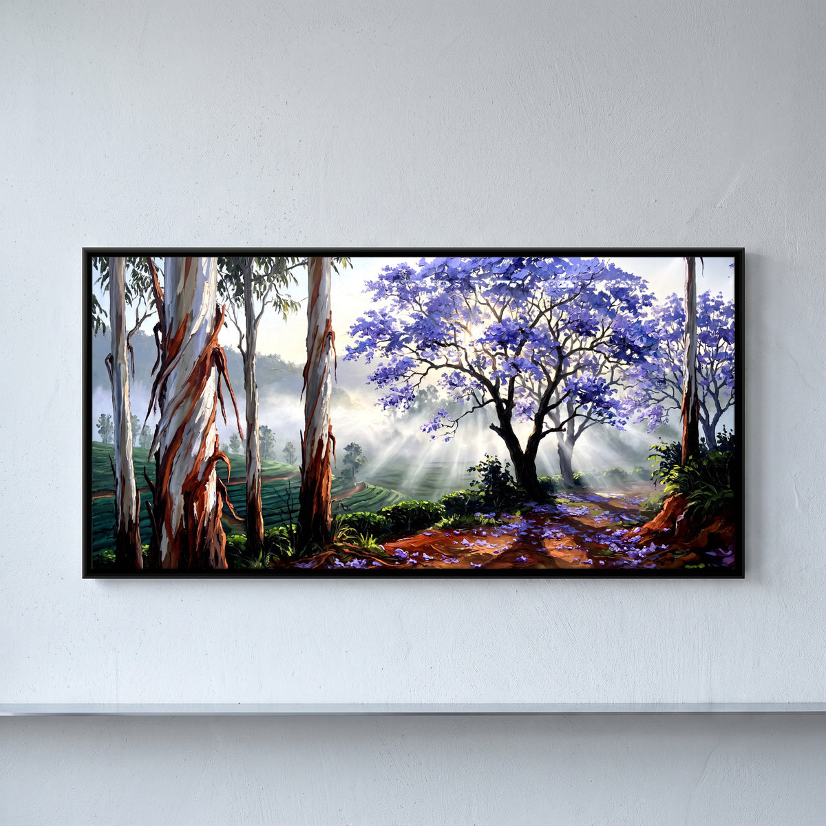 Jacaranda Among Eucalyptus Trees - framed canvas art hung on a wall