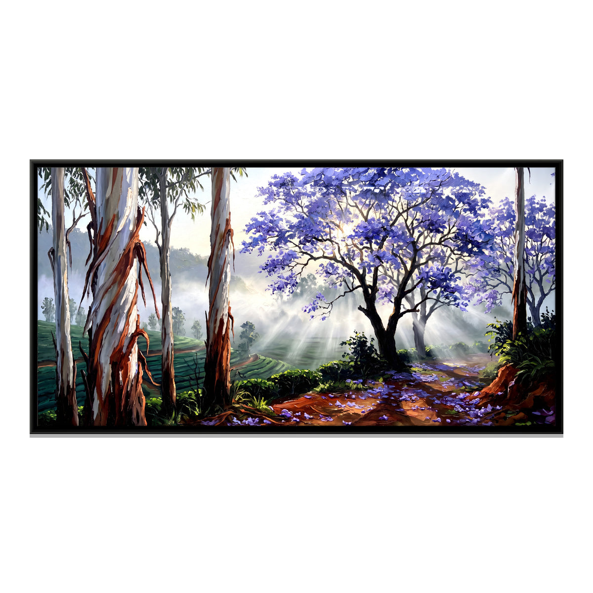 Jacaranda Among Eucalyptus Trees - framed canvas print, front view