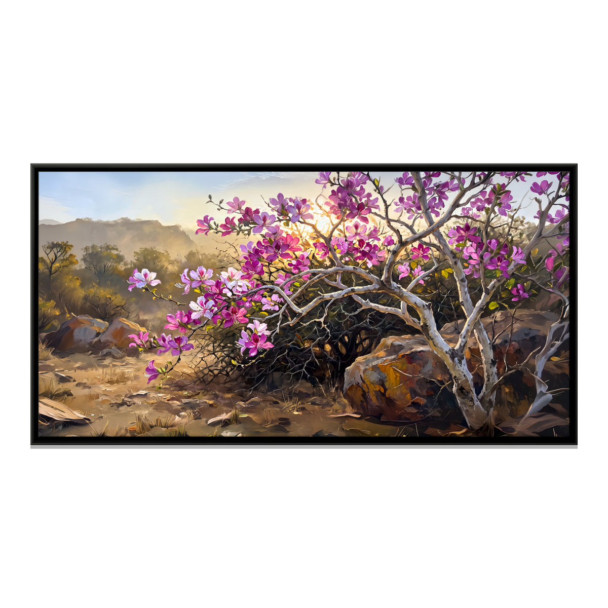 Orchid Tree Among Boulders - framed canvas print, front view