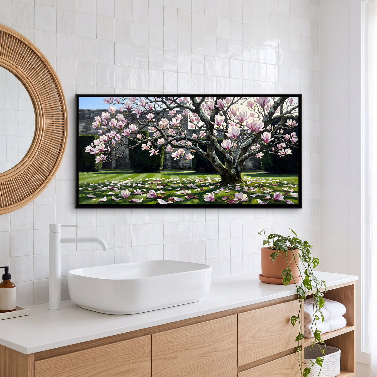 Magnolia Tree in Full Bloom - canvas art shown in a styled room
