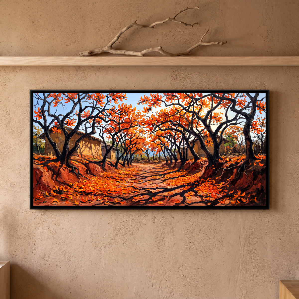 Flame of the Forest in Bloom - framed canvas art hung on a wall