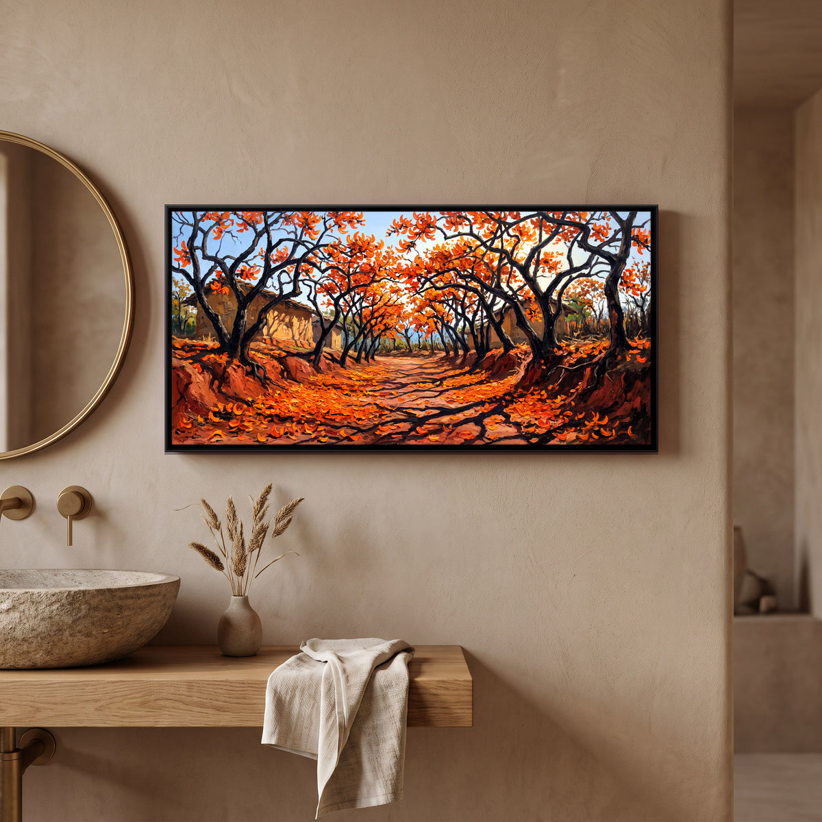 Flame of the Forest in Bloom - canvas art shown in a second room setting