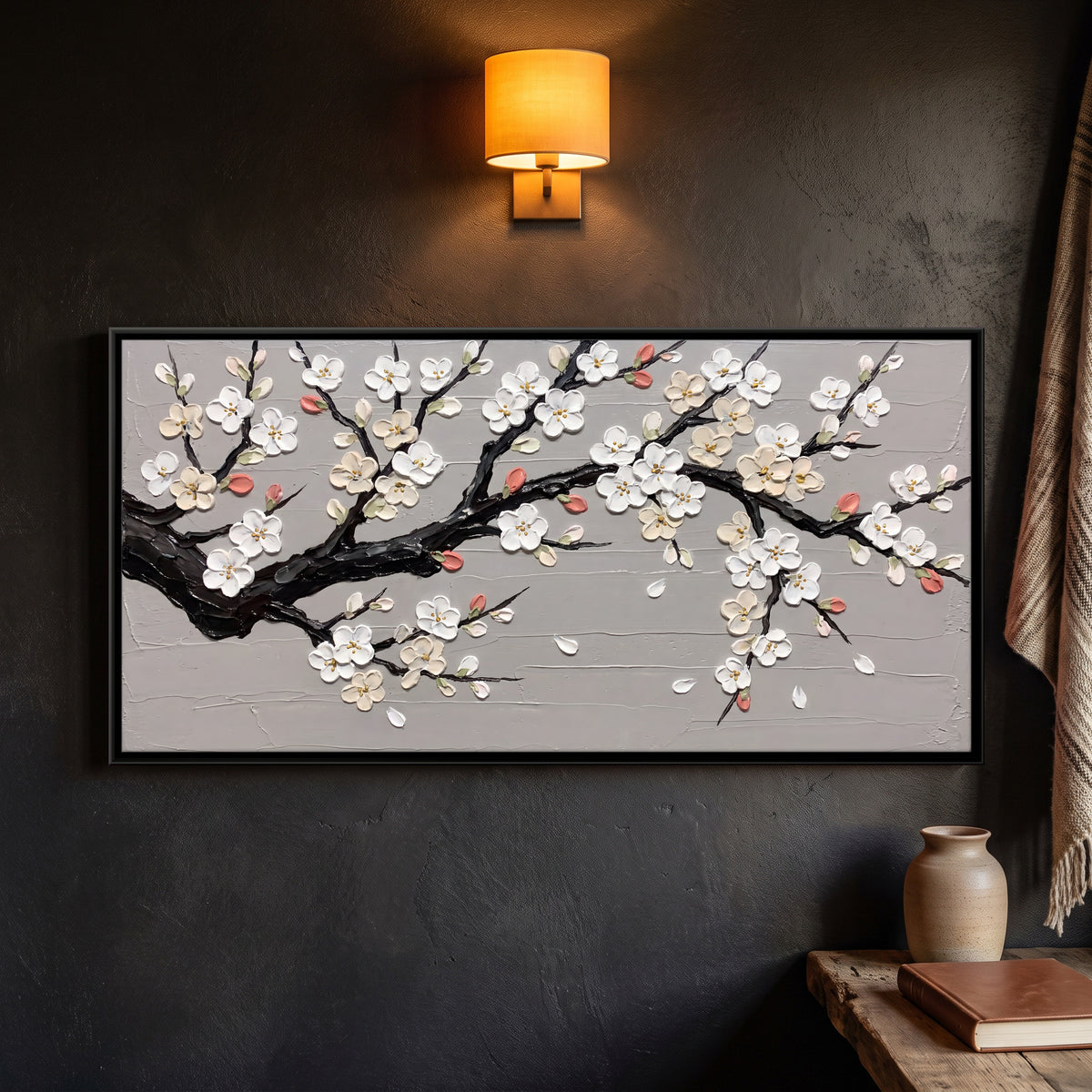 White Plum Blossom Branch - framed canvas art hung on a wall