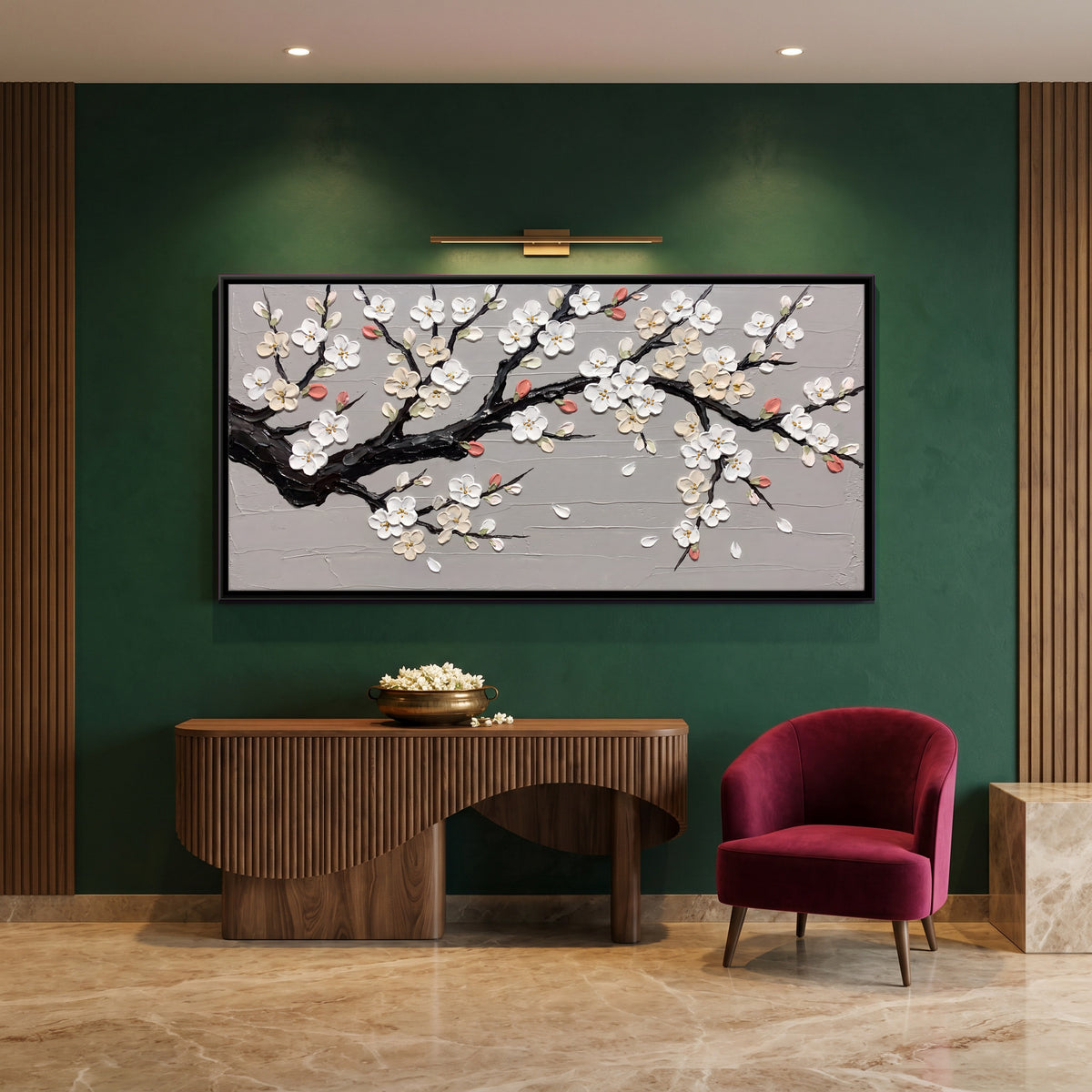 White Plum Blossom Branch - canvas art shown in a styled room