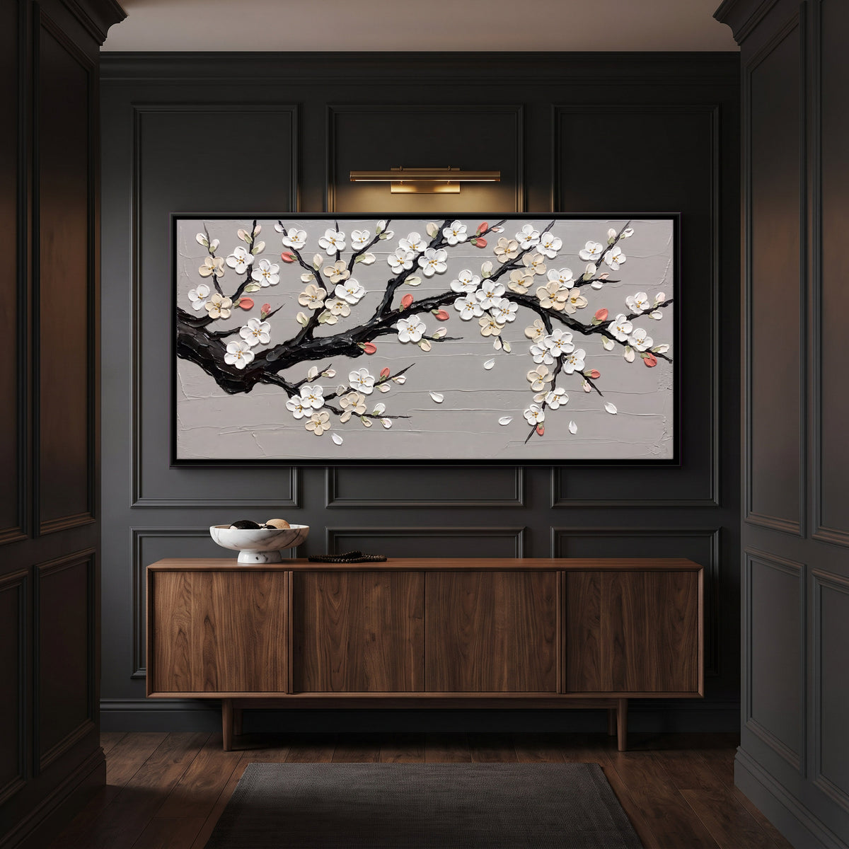 White Plum Blossom Branch - canvas art shown in a second room setting