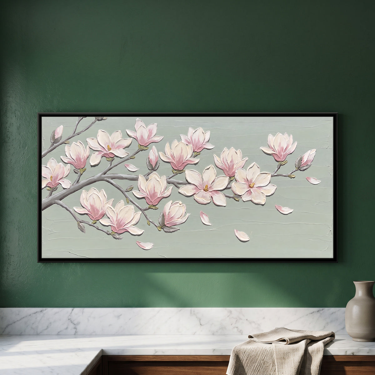 Magnolia Blossom Branch - framed canvas art hung on a wall
