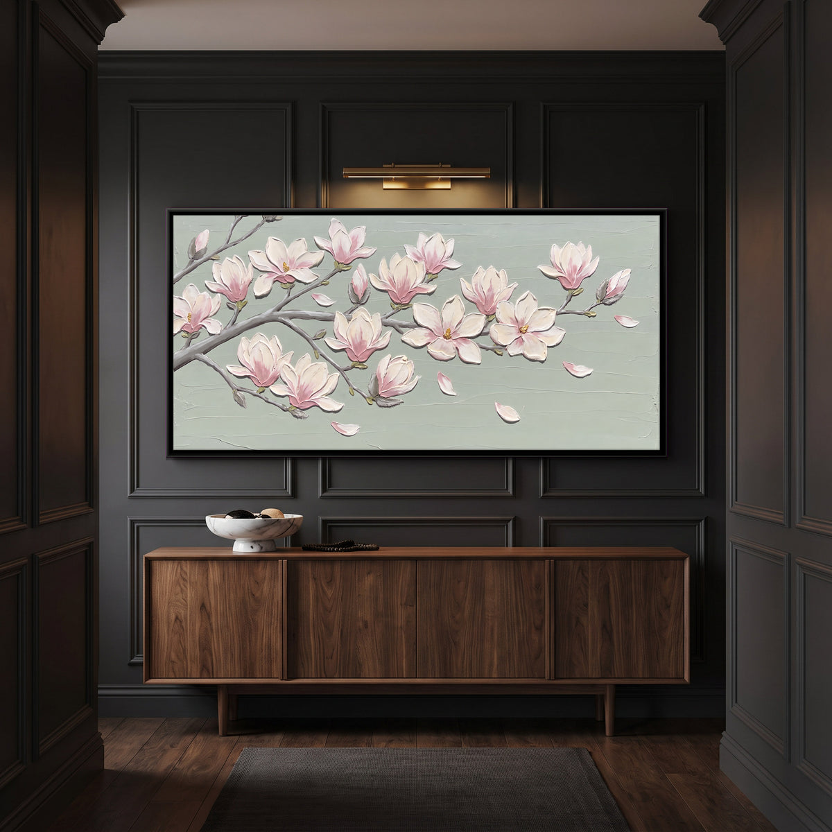 Magnolia Blossom Branch - canvas art shown in a second room setting