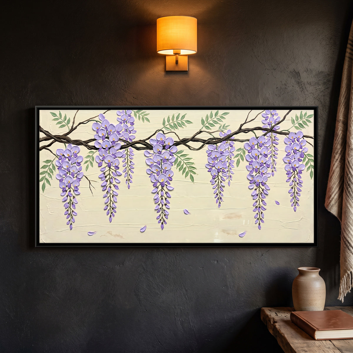 Hanging Wisteria Blossoms - framed canvas art hung on a wall