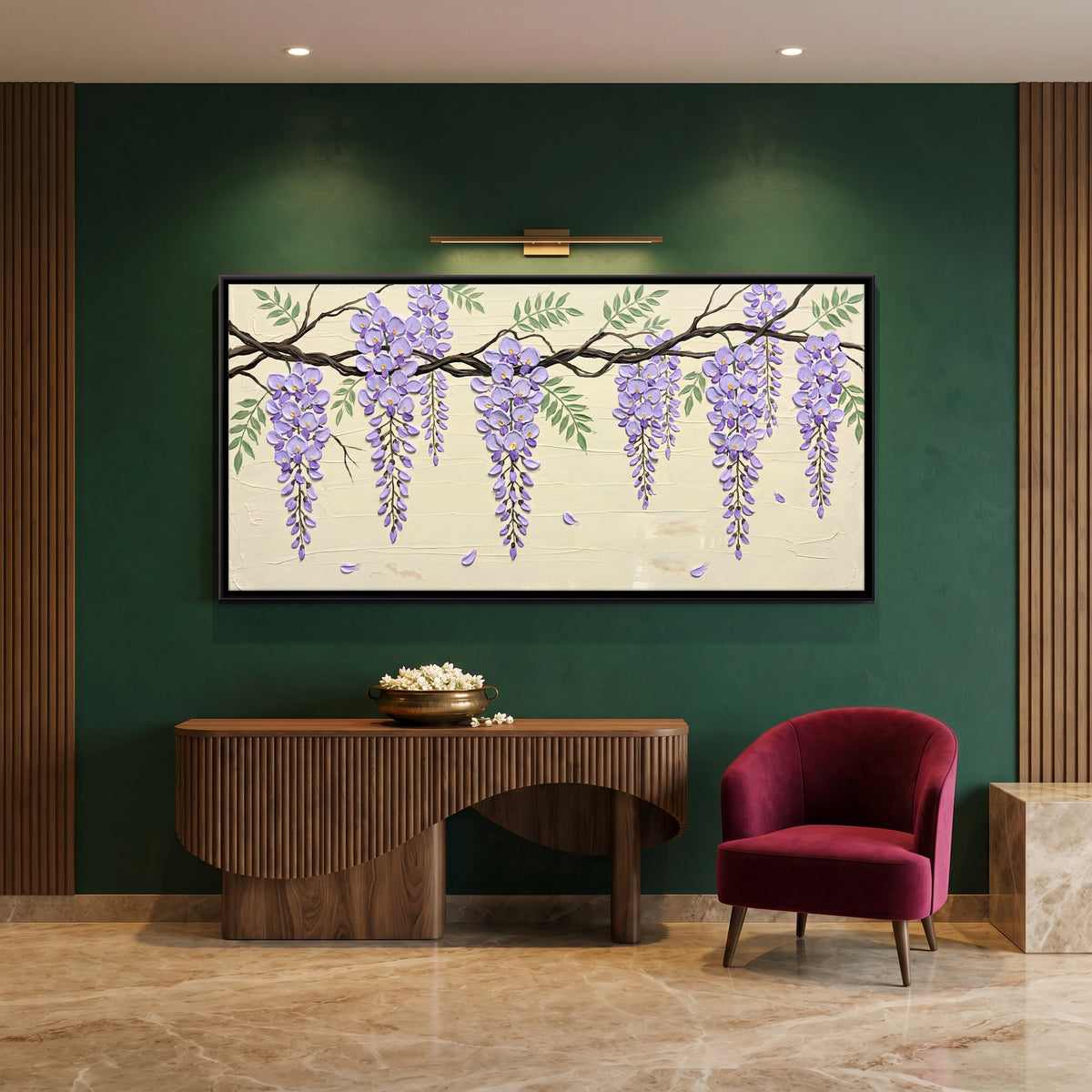 Hanging Wisteria Blossoms - canvas art shown in a styled room