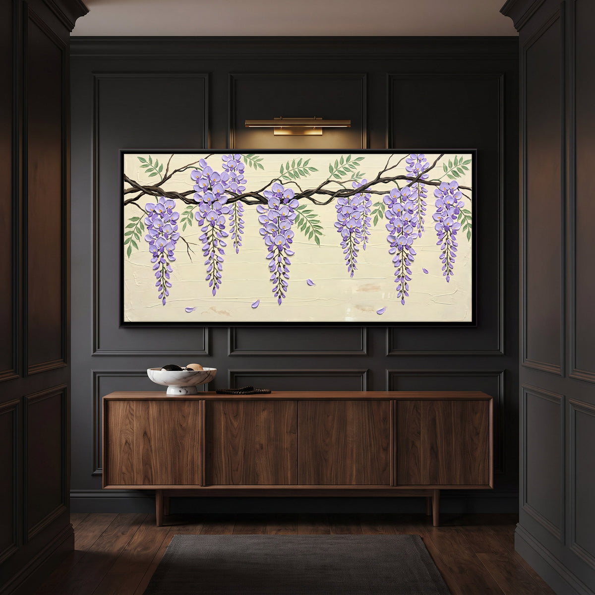 Hanging Wisteria Blossoms - canvas art shown in a second room setting