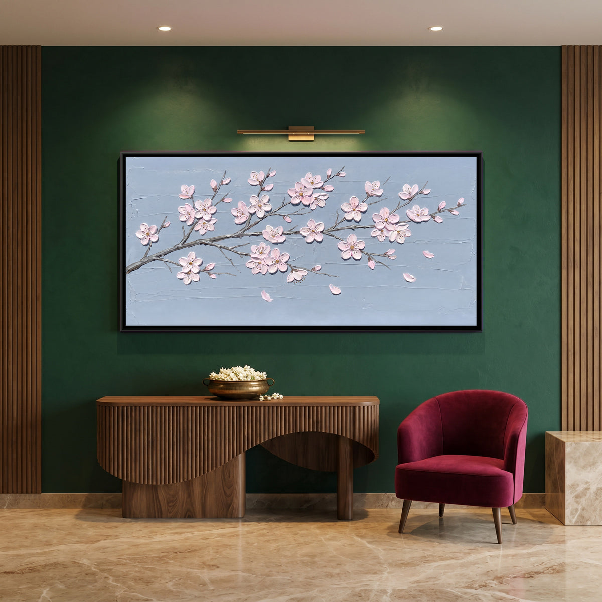 Almond Blossom Branch - canvas art shown in a styled room