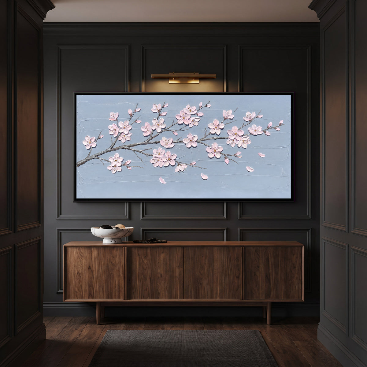 Almond Blossom Branch - canvas art shown in a second room setting