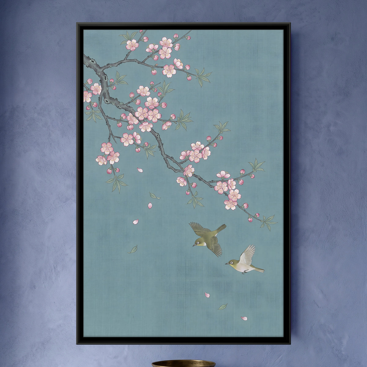 Plum Blossom with Two Birds - framed canvas art hung on a wall