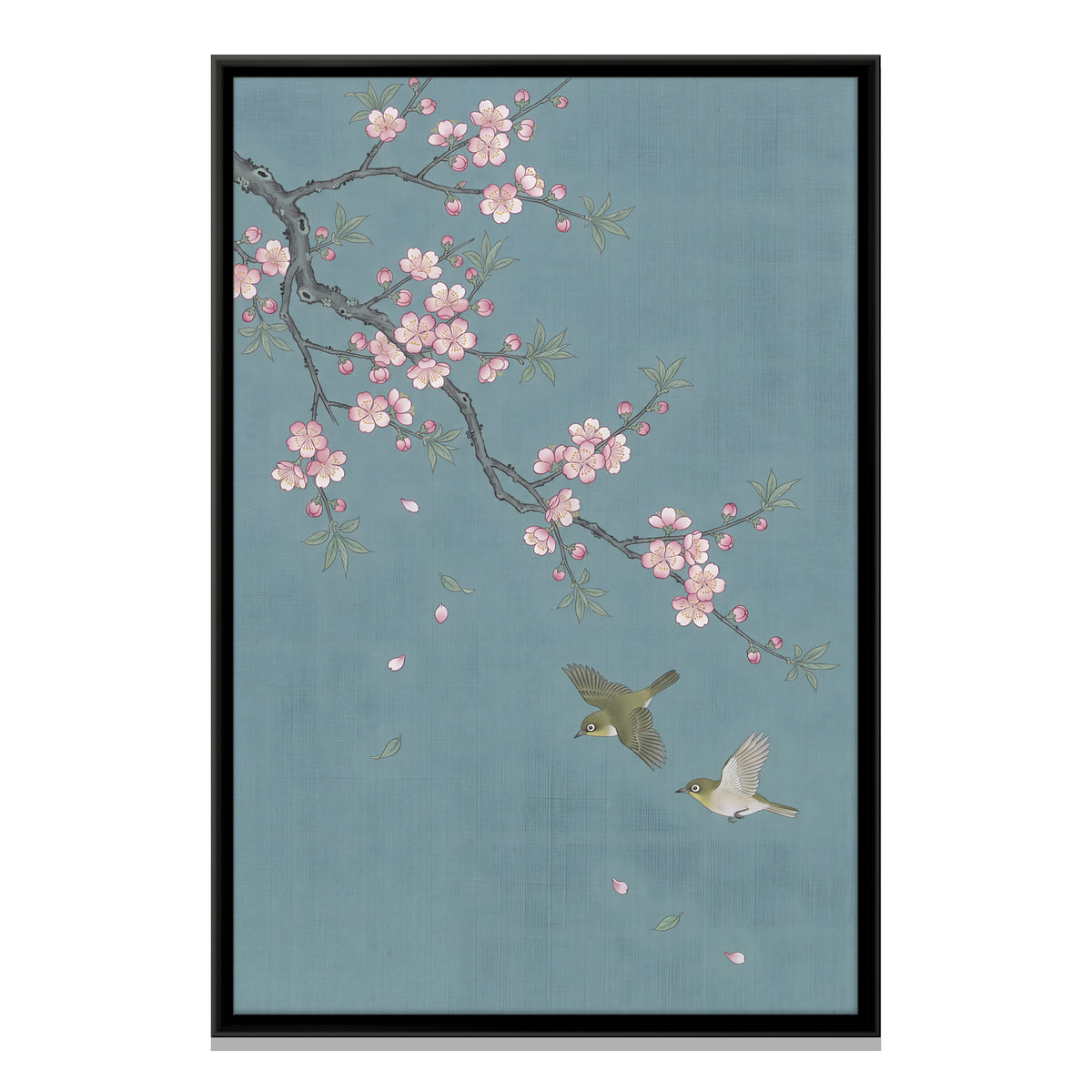 Plum Blossom with Two Birds - framed canvas print, front view