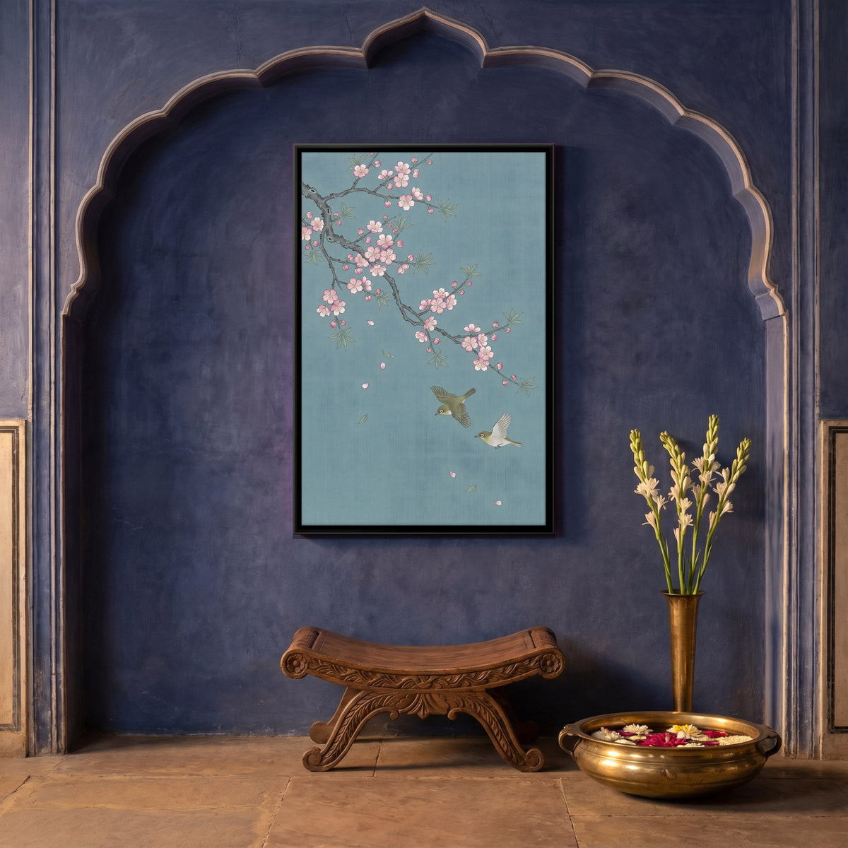 Plum Blossom with Two Birds - canvas art shown in a styled room
