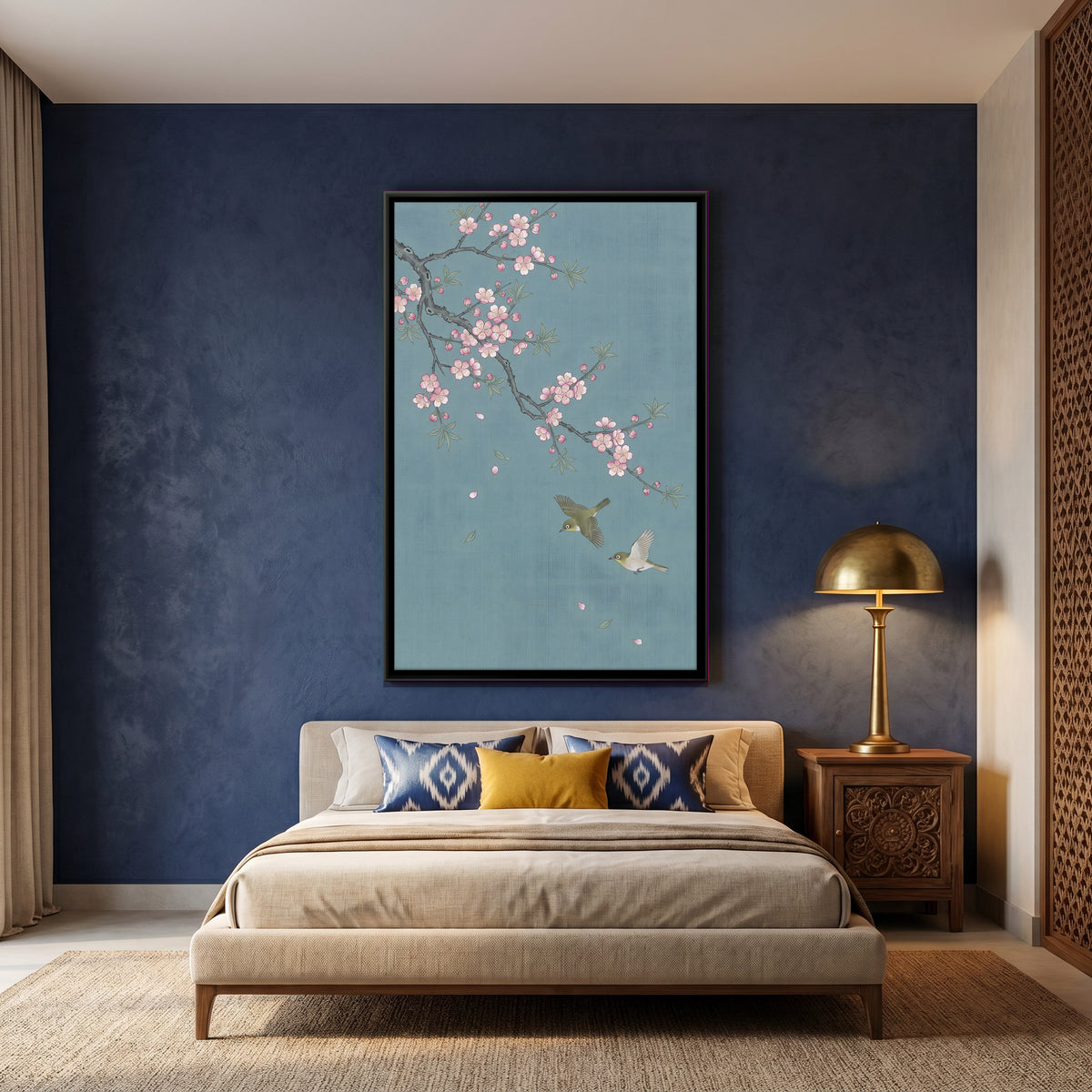 Plum Blossom with Two Birds - canvas art shown in a second room setting