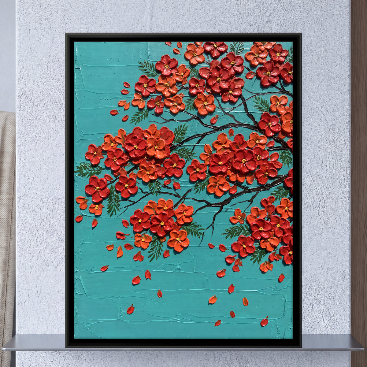 Gulmohar Blossoms - framed canvas art hung on a wall