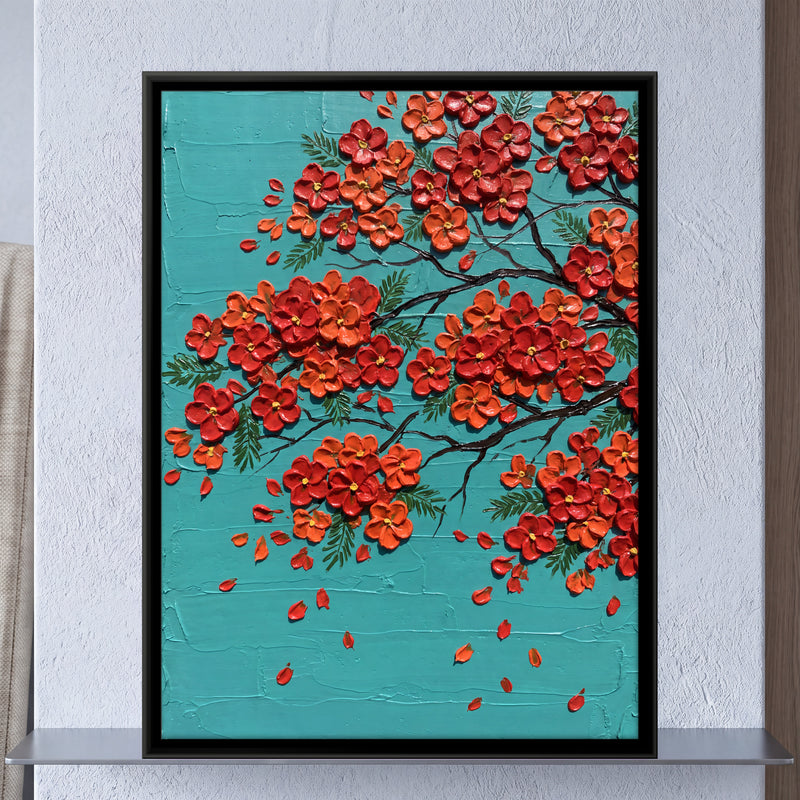 Gulmohar Blossoms - framed canvas art hung on a wall
