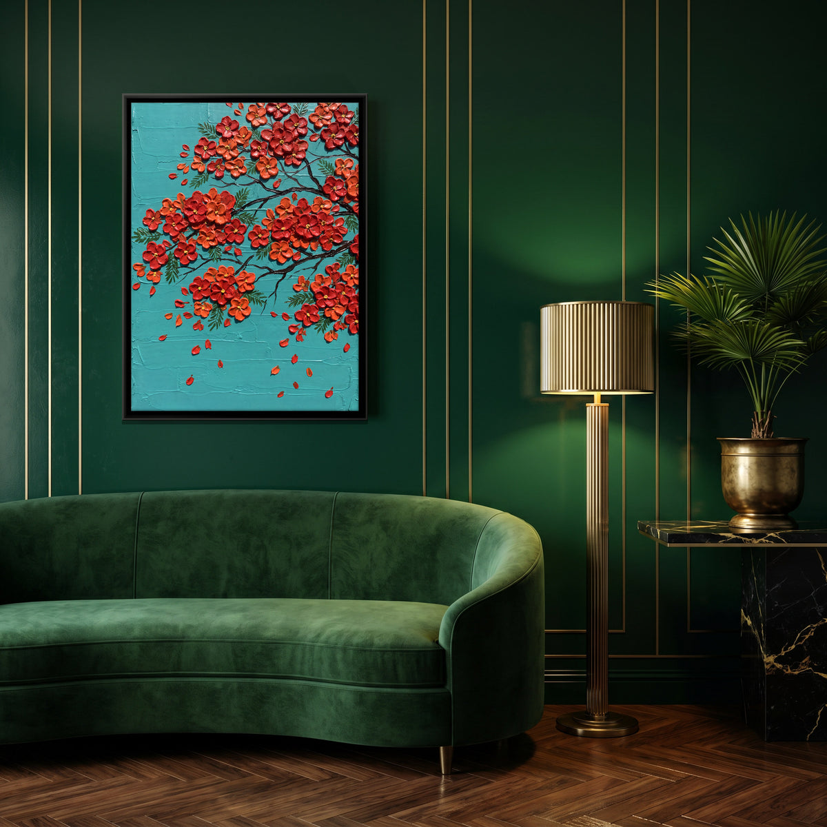 Gulmohar Blossoms - canvas art shown in a styled room
