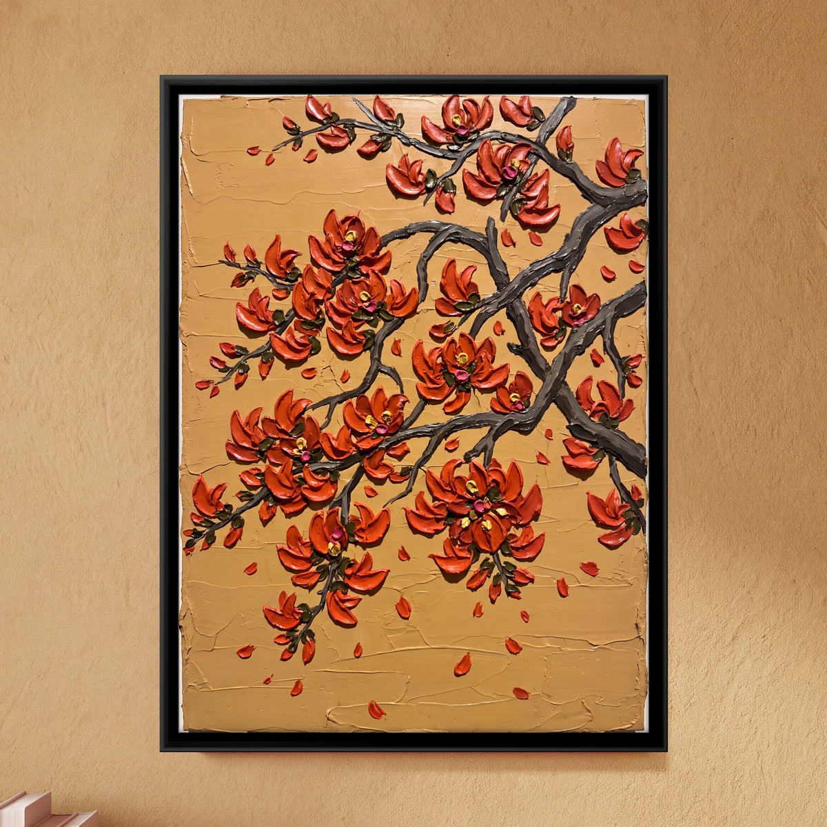 Flame of the Forest Blossoms - framed canvas art hung on a wall