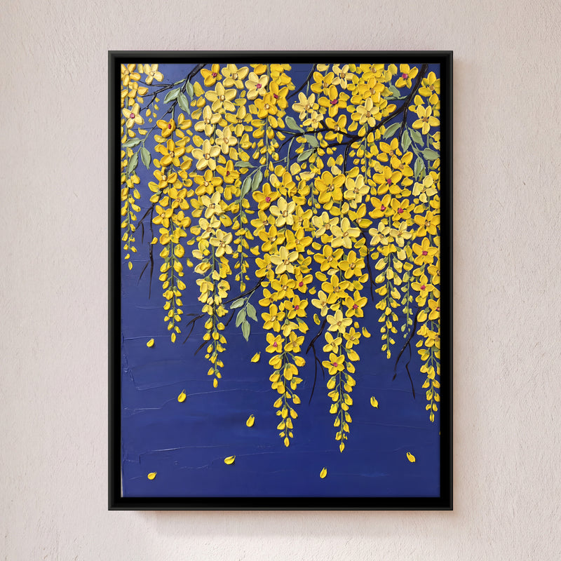 Cascading Golden Blossoms - framed canvas art hung on a wall