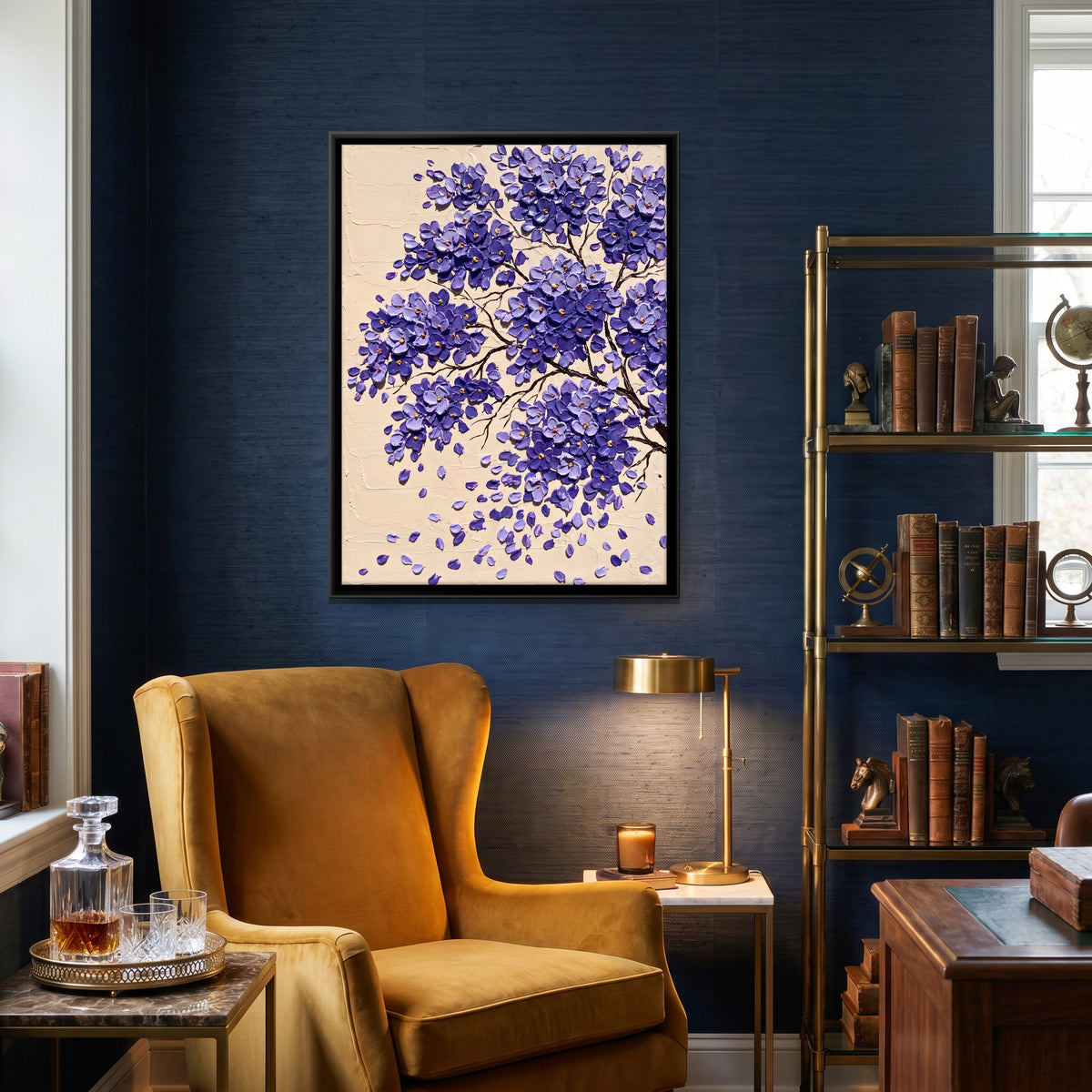 Jacaranda Blossoms - canvas art shown in a styled room