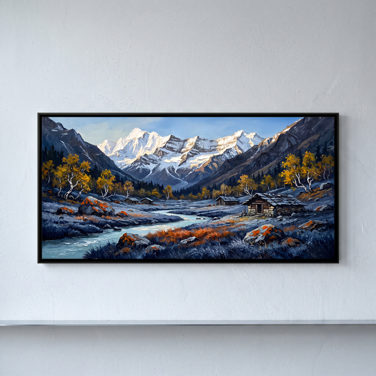Stone Huts in an Autumn Valley - framed canvas art hung on a wall