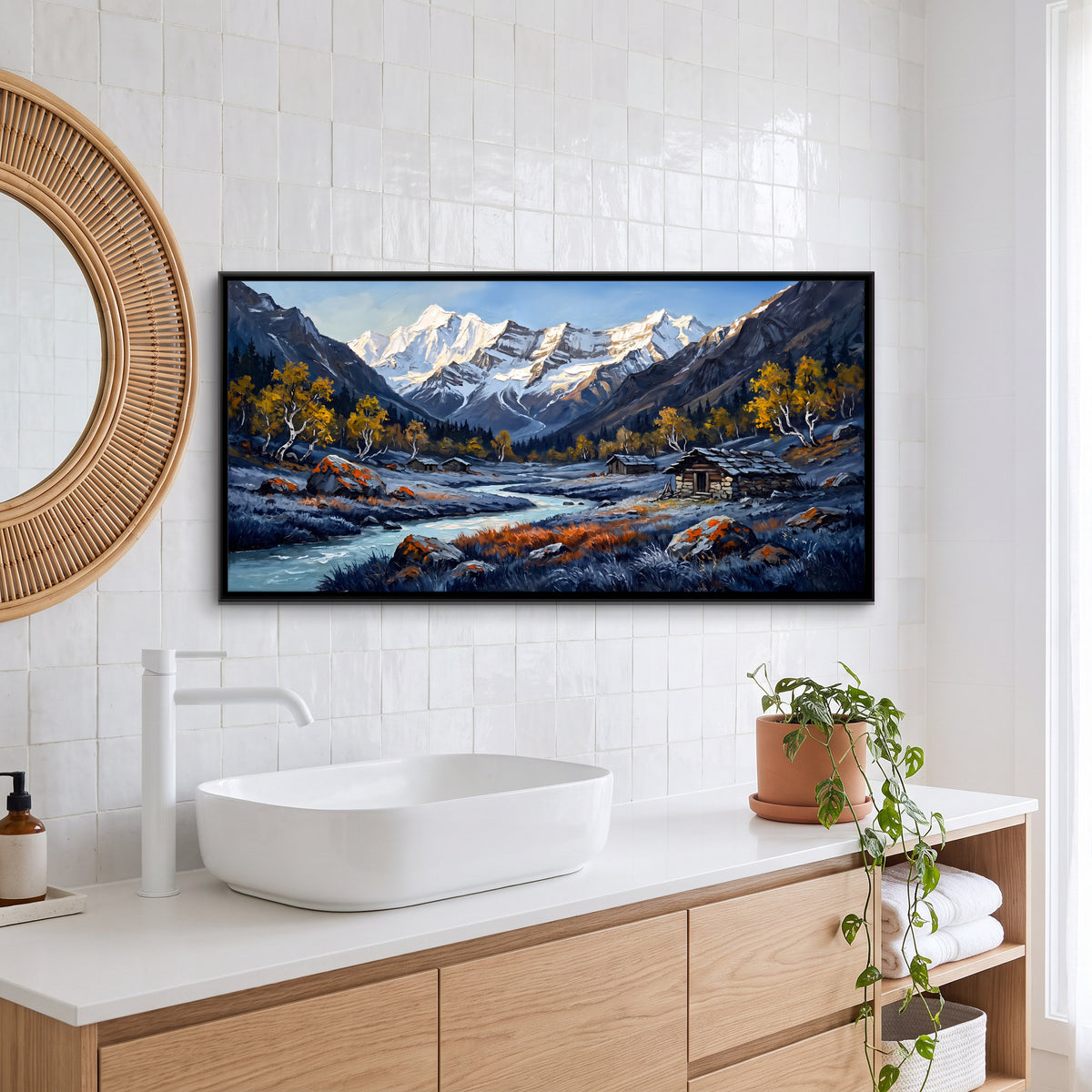 Stone Huts in an Autumn Valley - canvas art shown in a styled room