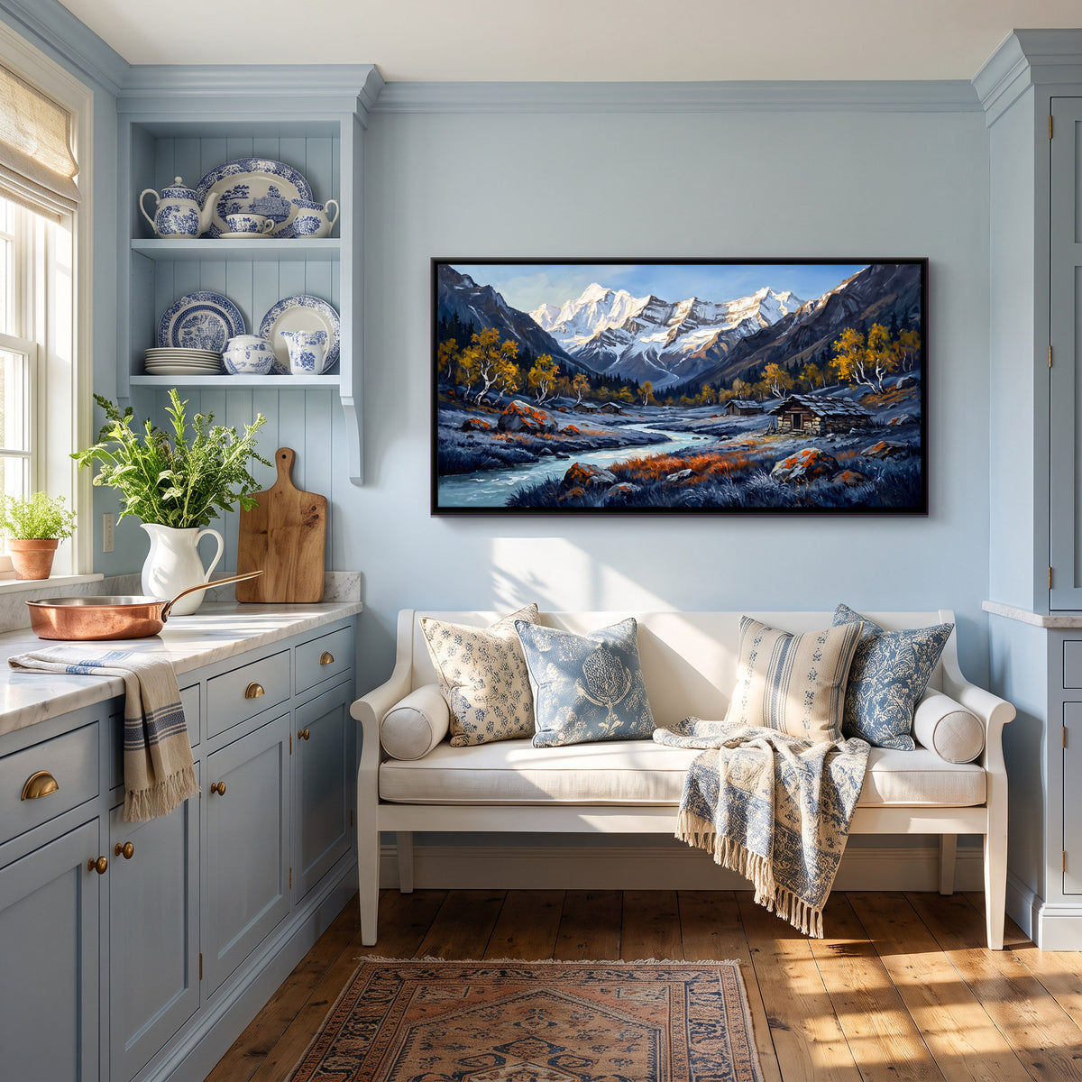 Stone Huts in an Autumn Valley - canvas art shown in a second room setting